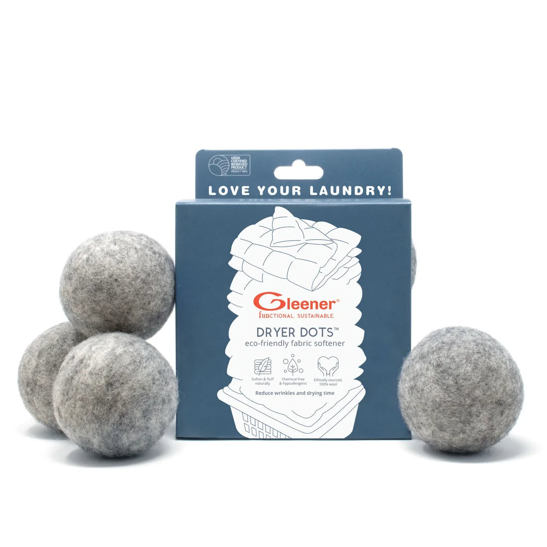 Gleener Dryer Dots laundry cleaner balls shown with their blue retail box on a white background.
