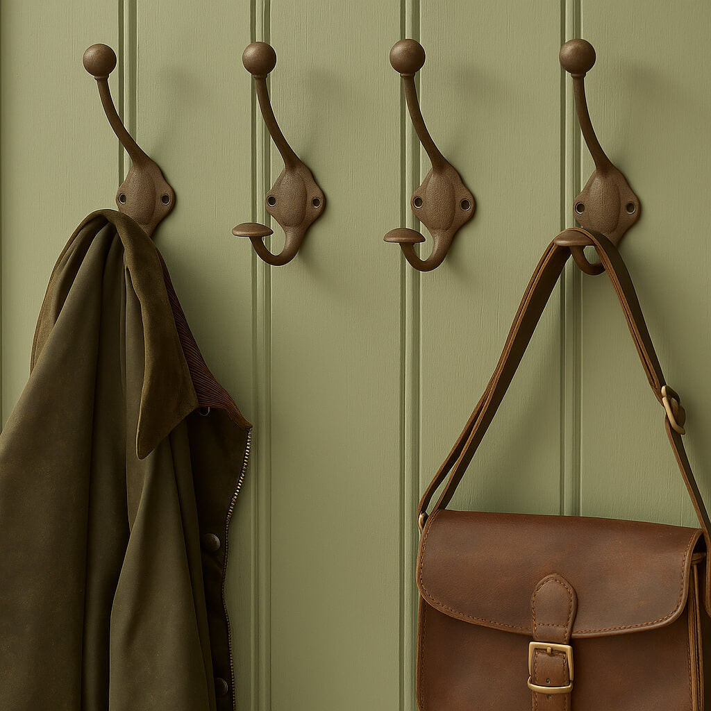 Four bronze hooks on a green paneled wall with a brown leather bag and coat.