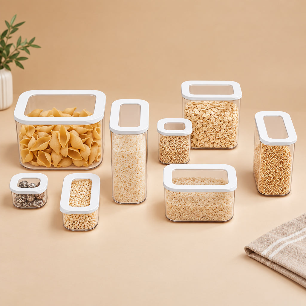 A set of clear plastic storage containers with white lids arranged on a warm beige background. The containers are shown empty and filled with pasta, rice, grains, and small stones to demonstrate their use.