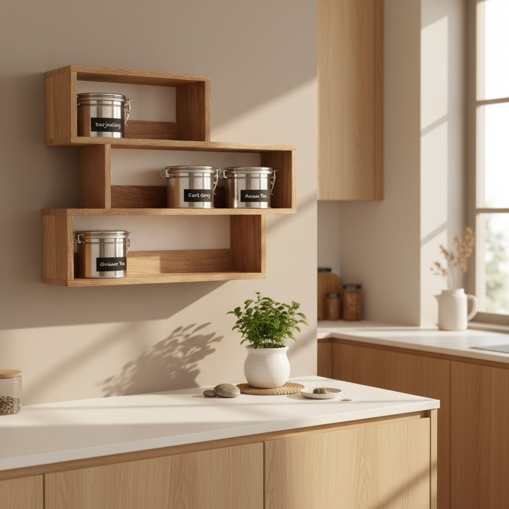 Wooden shelves with metal tea canisters labeled on a white background