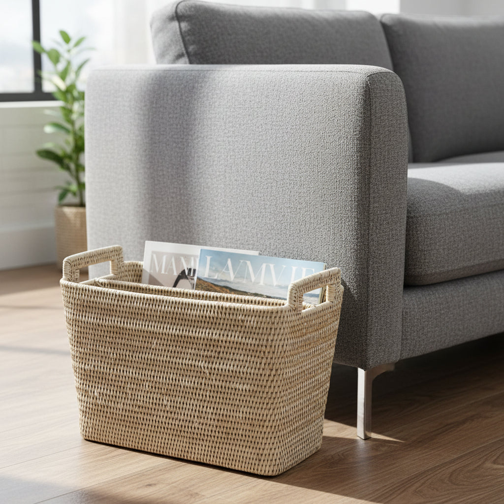 Rattan basket with magazines on a wooden floor next to a gray sofa.