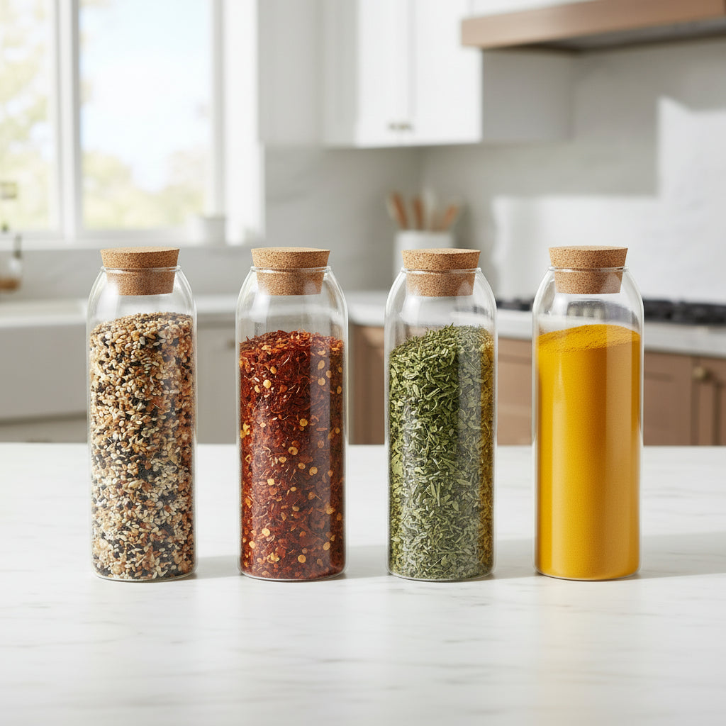 Glass jar with cork lid filled with a mixture of seeds on a white background