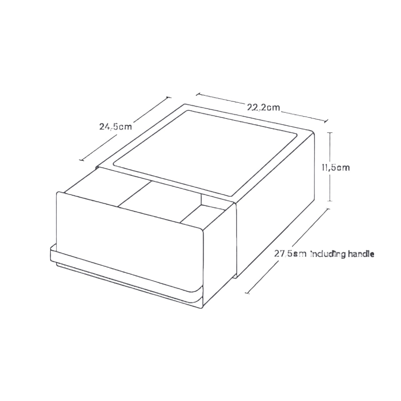Technical drawing of a rectangular object with dimensions labeled