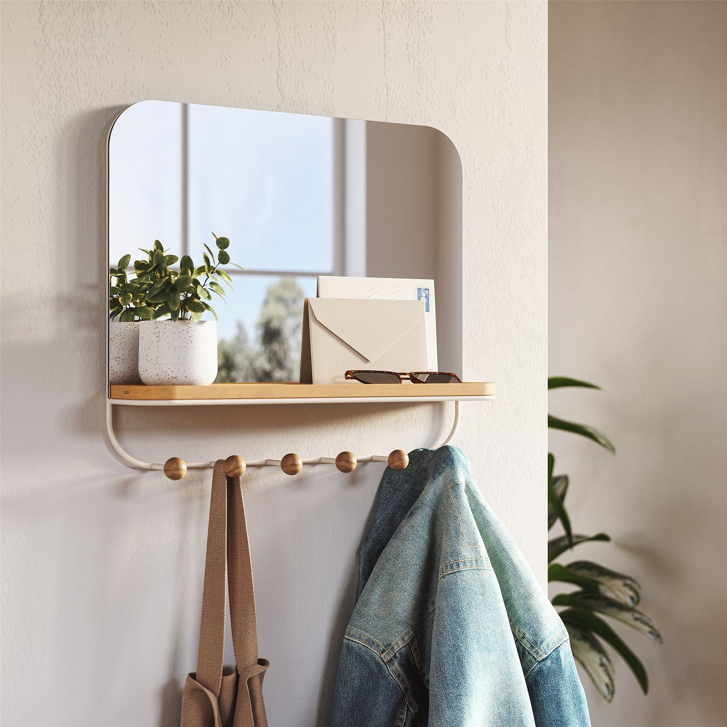 Mirror with Storage Hooks and Tray - Estique
