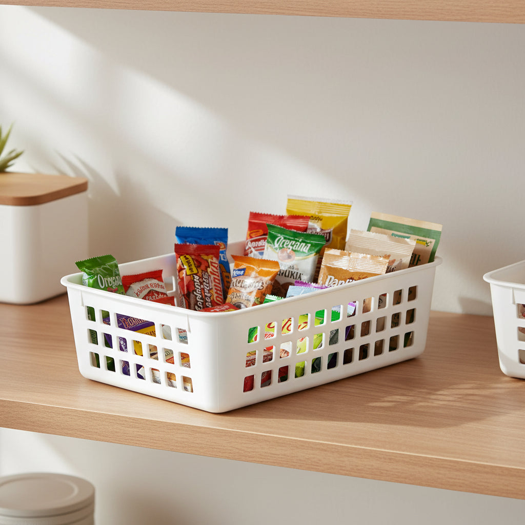 White rectangular plastic basket on a white background