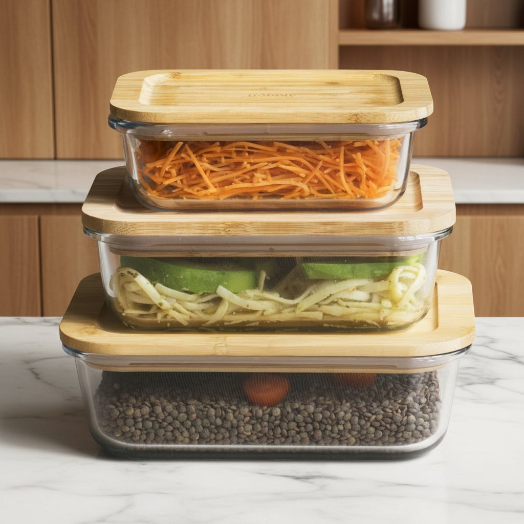 Rectangular Glass Container With Bamboo Lid - Set Of 3