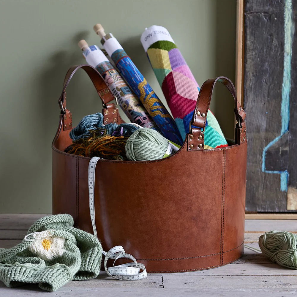 Leather Storage Basket Round