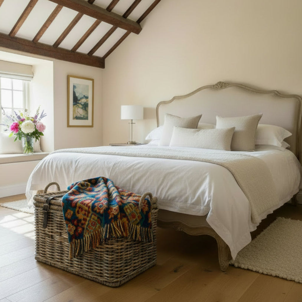 Neatly made bed in a bedroom with wooden beams and a basket of blankets.