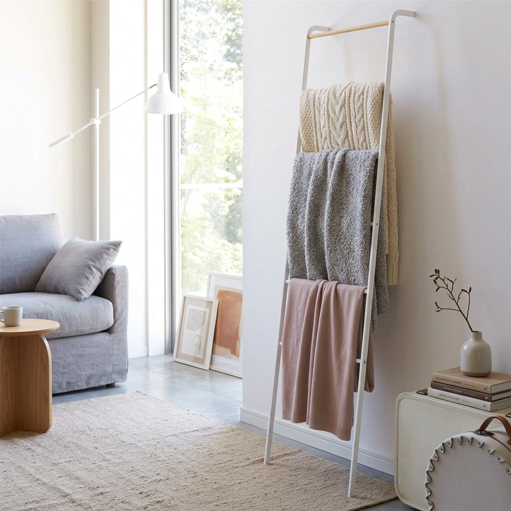 A white metal ladder-style towel rack styled in a bright, modern living room, holding a cream cable-knit sweater, a gray knit sweater, and a dusty pink blanket.