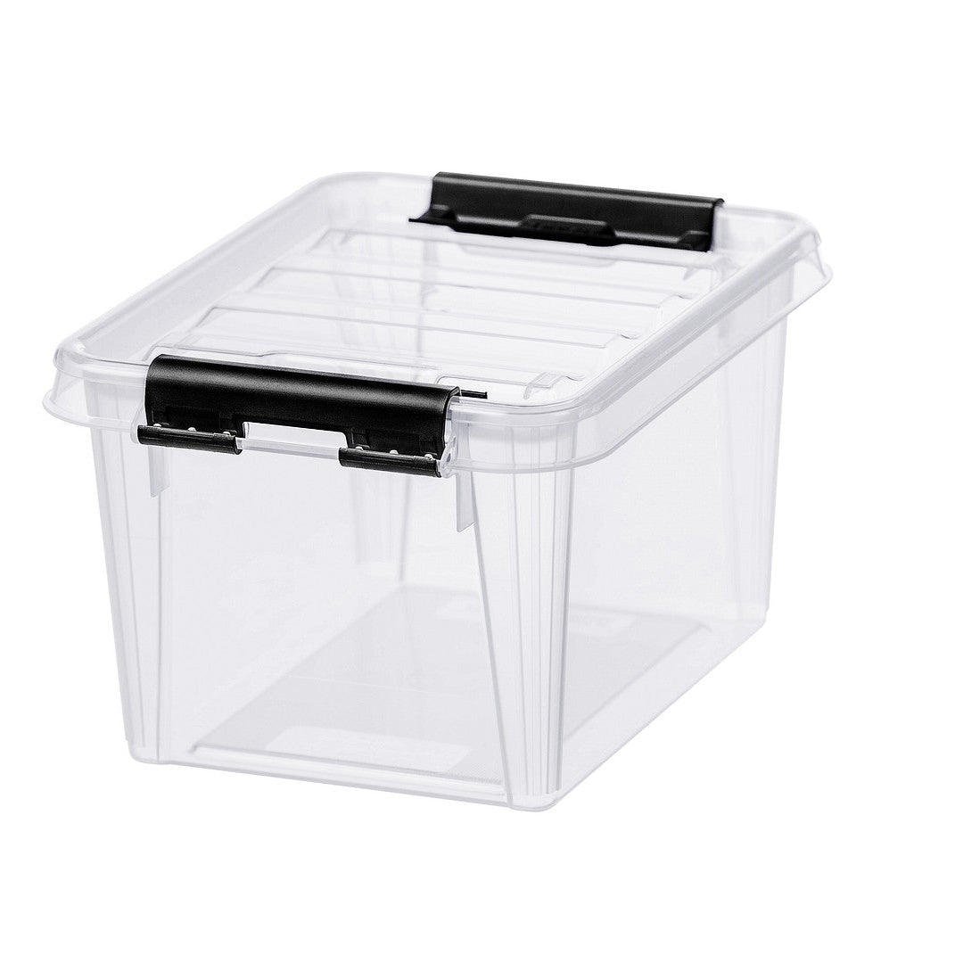 Clear storage box with black handles on a white background