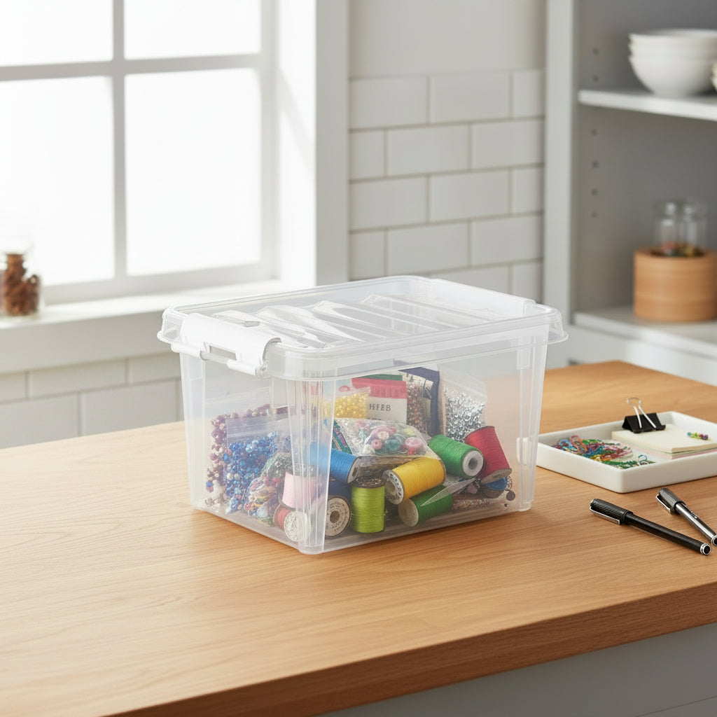 Clear plastic storage box with a lid on a white background