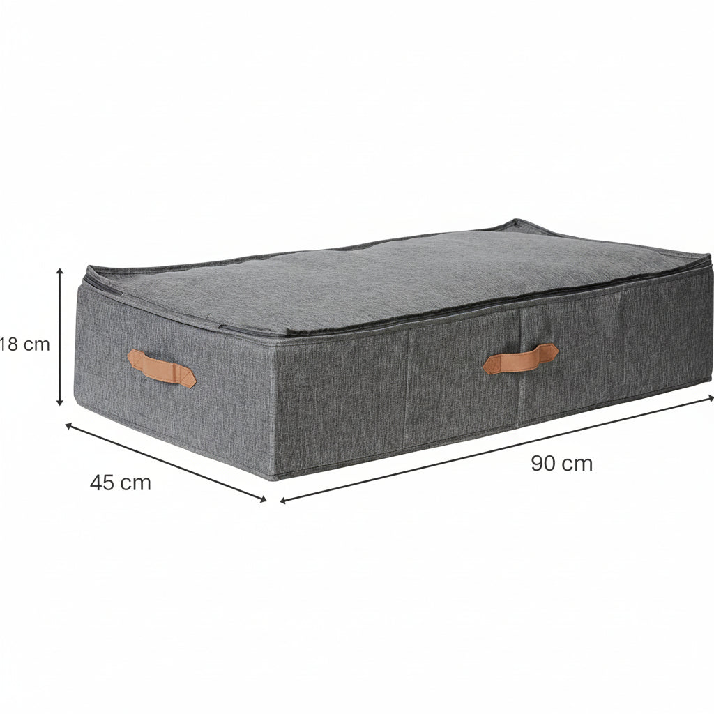 Gray storage bag with measurements on a white background