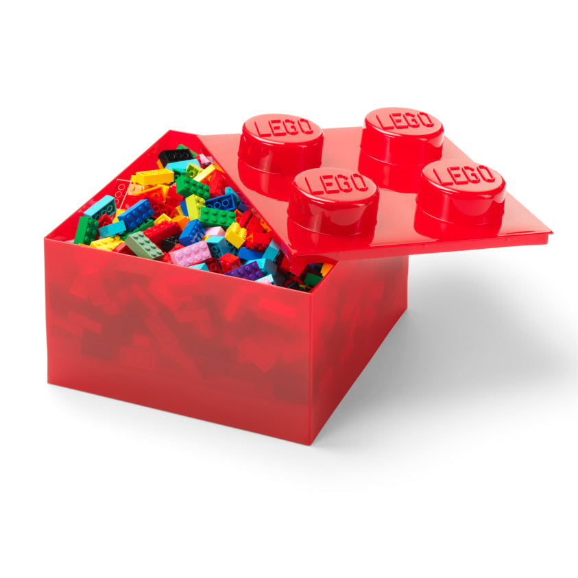 Red LEGO storage box with colorful bricks on a white background