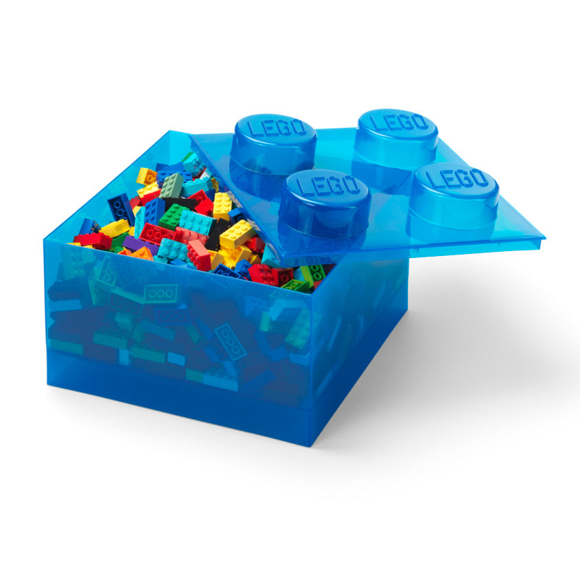 Blue LEGO storage brick with colorful LEGO bricks inside on a white background