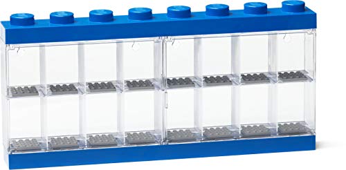 Blue storage block with clear compartments containing small gray bricks on a white background