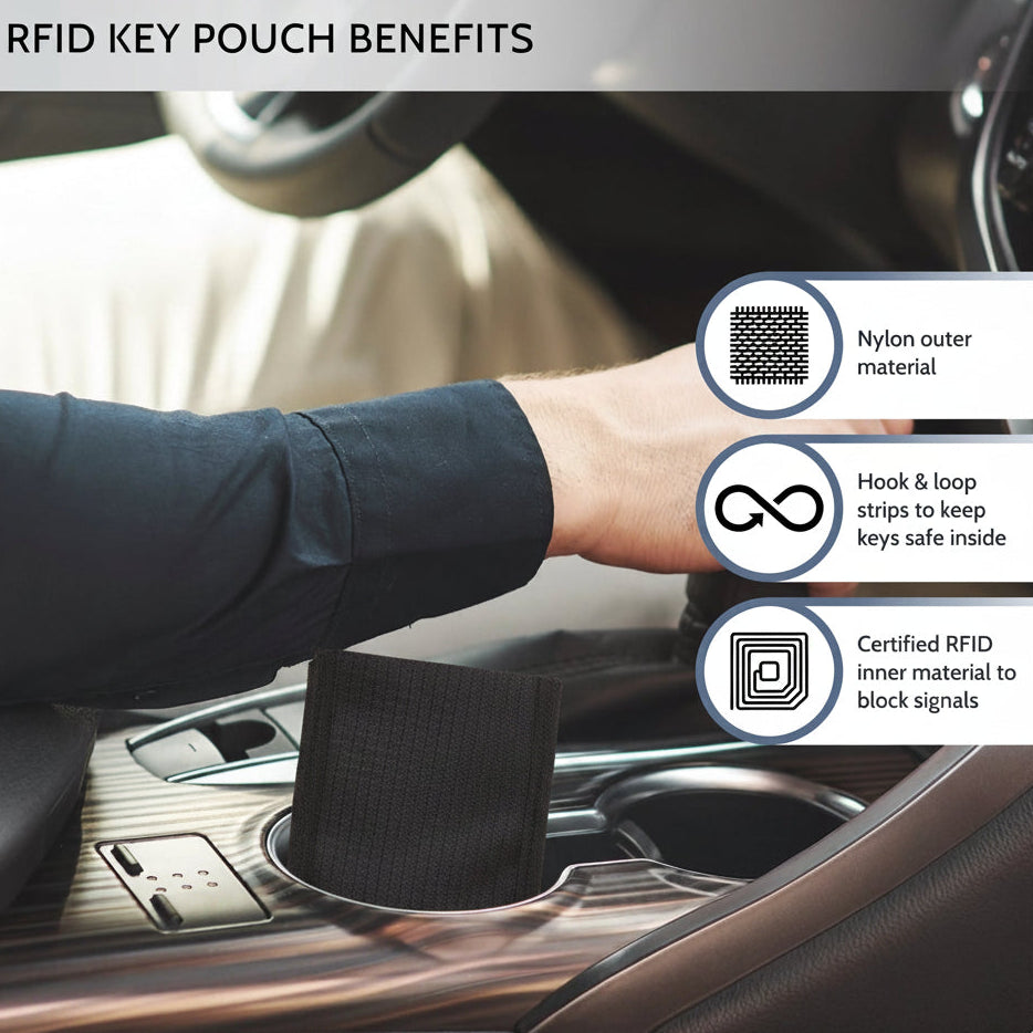 Person inserting an RFID key pouch into a car's keyhole with benefits listed.