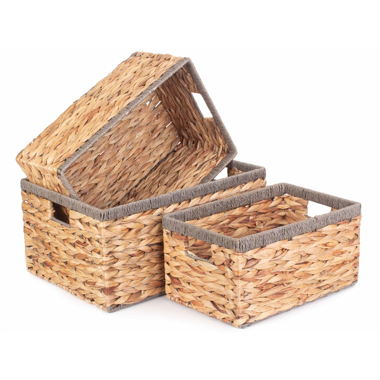 Set Of 3 Water Hyacinth Baskets With Grey Trim