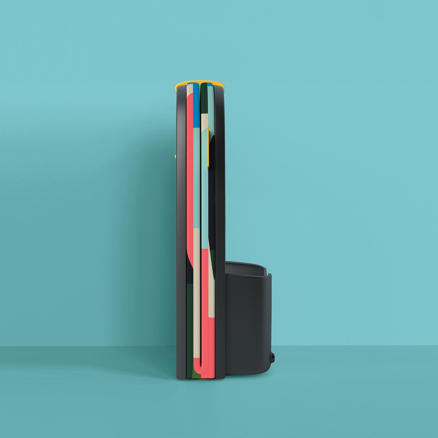 Multicolored wallet with cards on a teal background