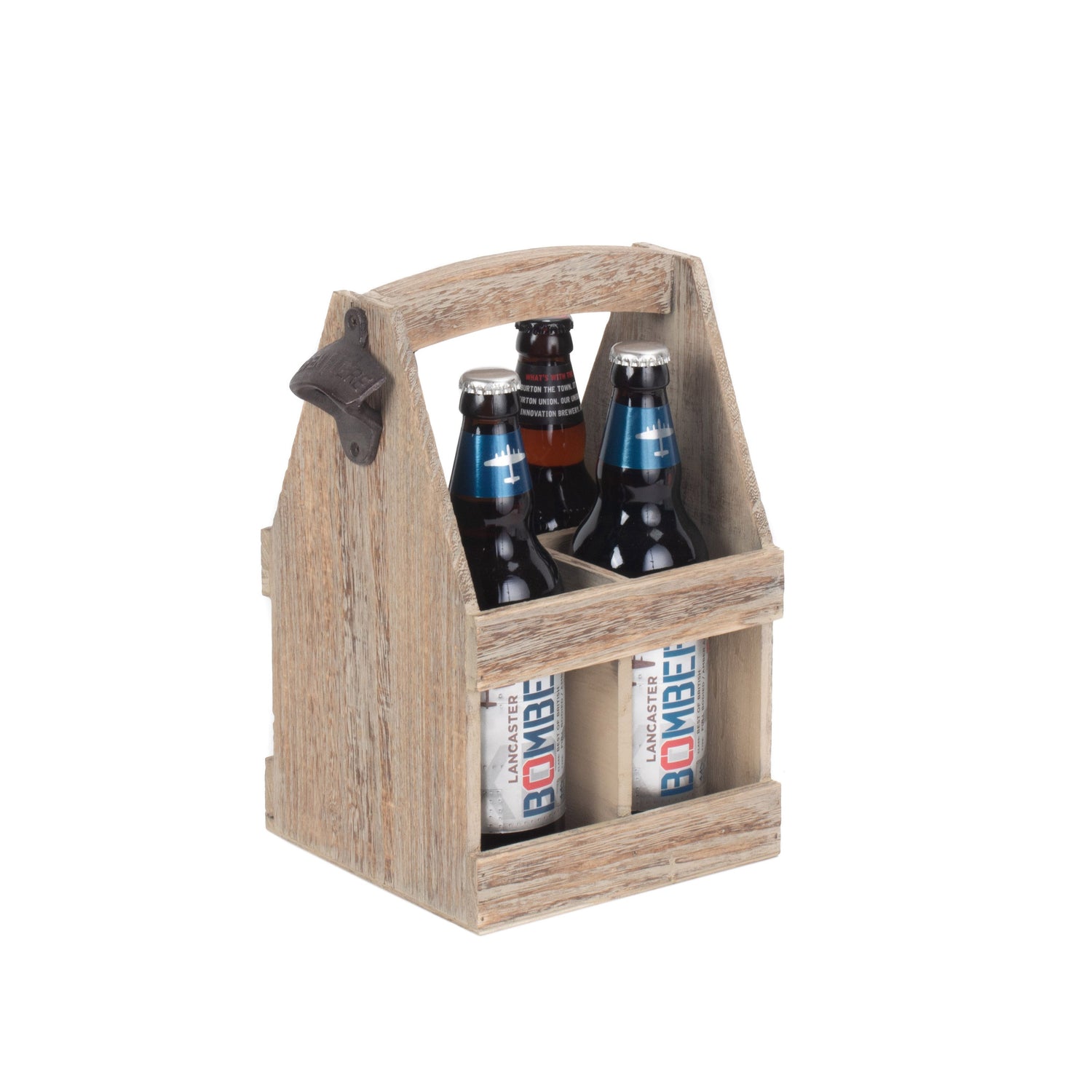 Beige six-pack carrier with beer bottles on a white background