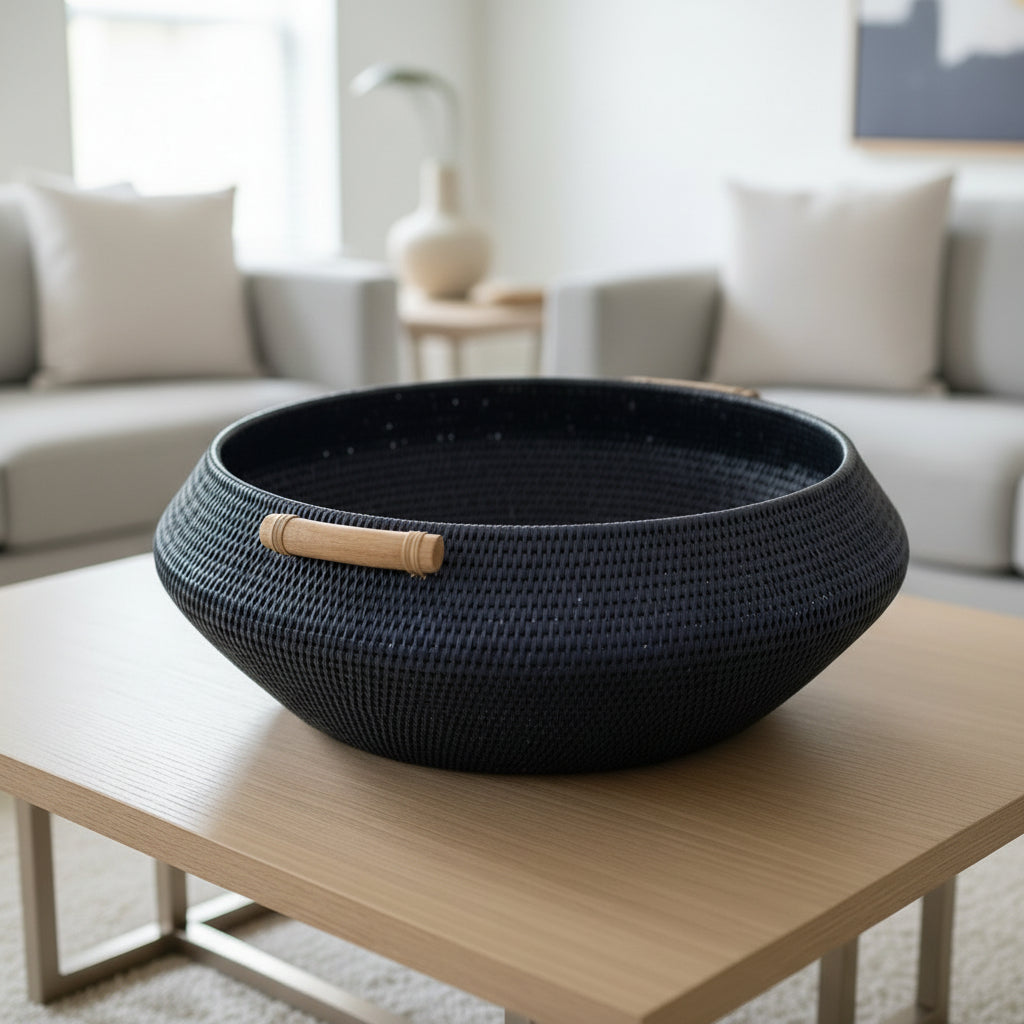 Black woven basket with a wooden handle on a light wood coffee table in a living room.