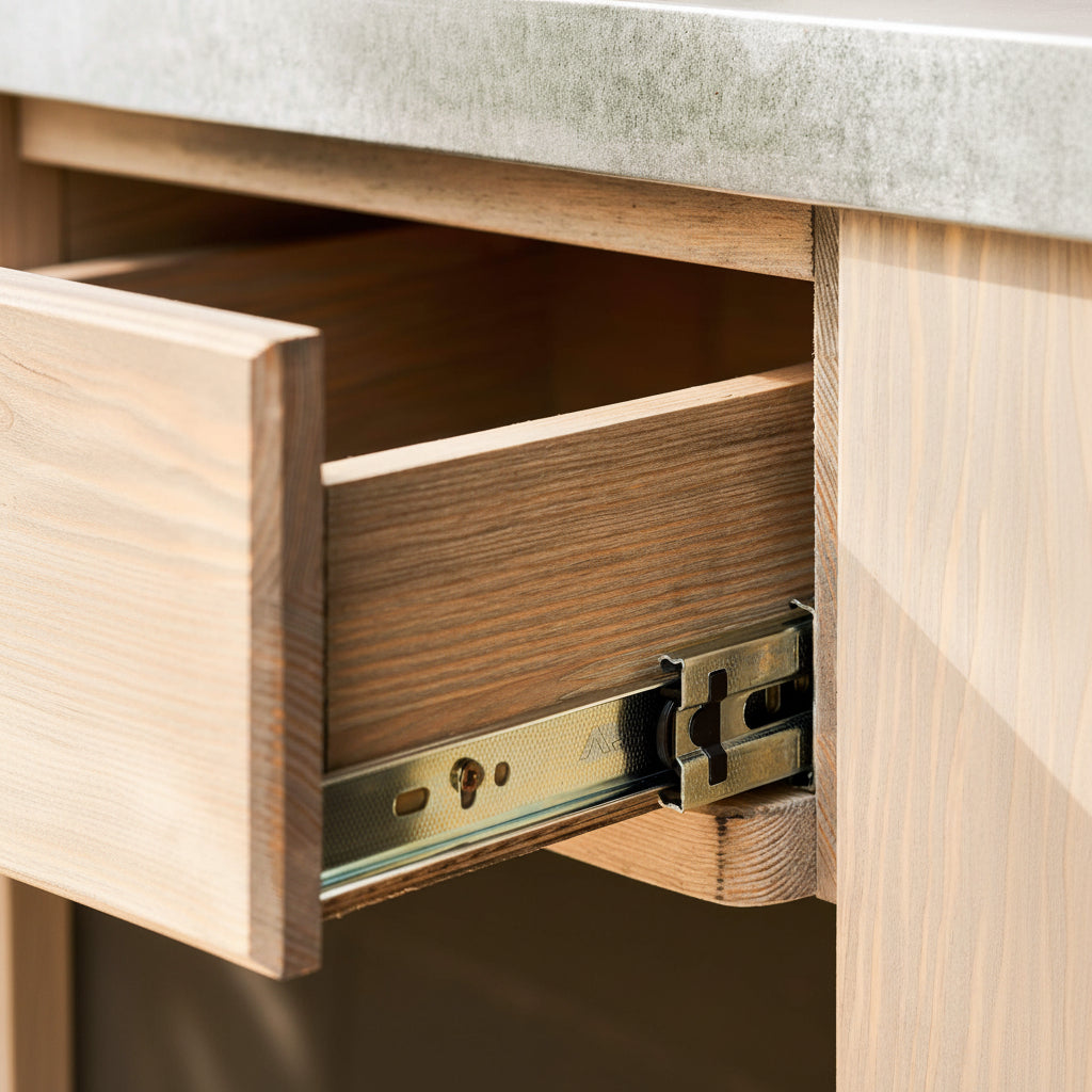 Wooden drawer with a metal slide mechanism on a wooden cabinet.