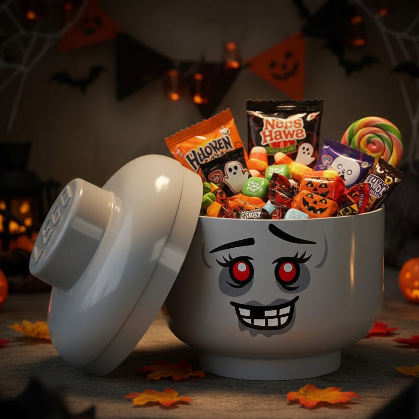 Halloween-themed container with ghost face design and autumn leaves on a dark background.