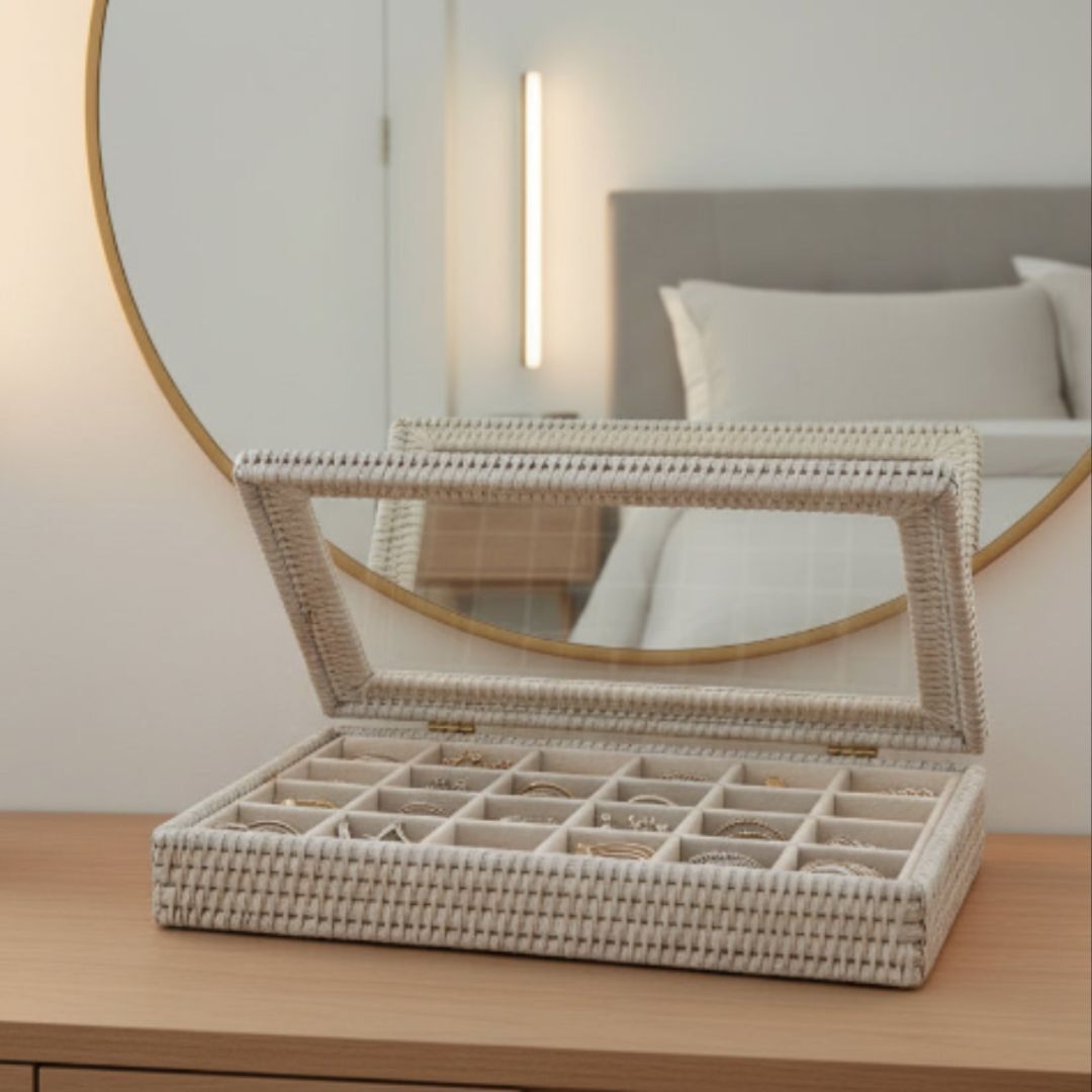 Rattan Jewellery Storage Box with Clear Lid