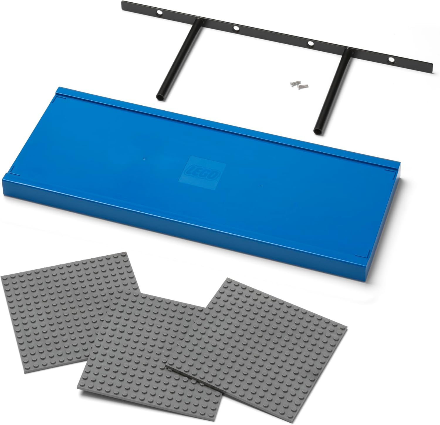 Blue storage box with black brackets and gray building blocks on a white background