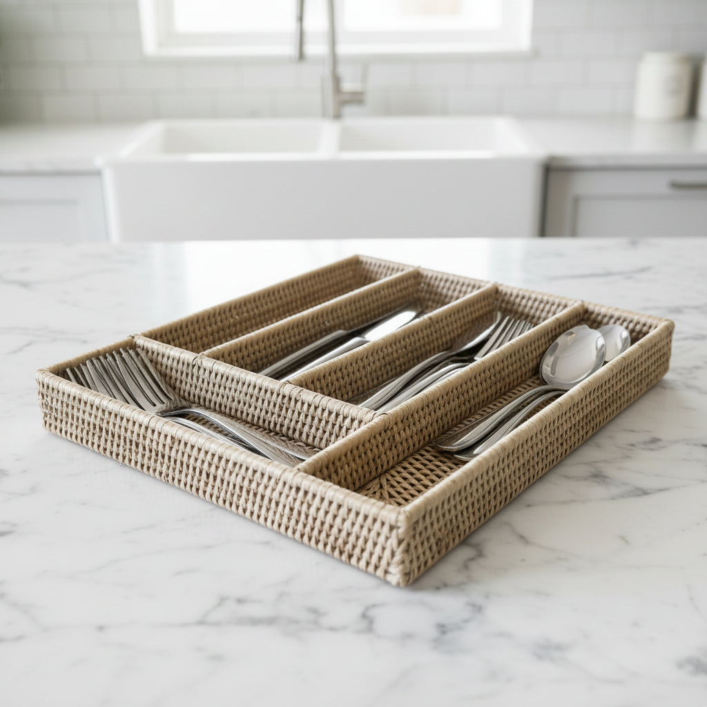 Rattan Natural White Wash Handmade Cutlery Organiser