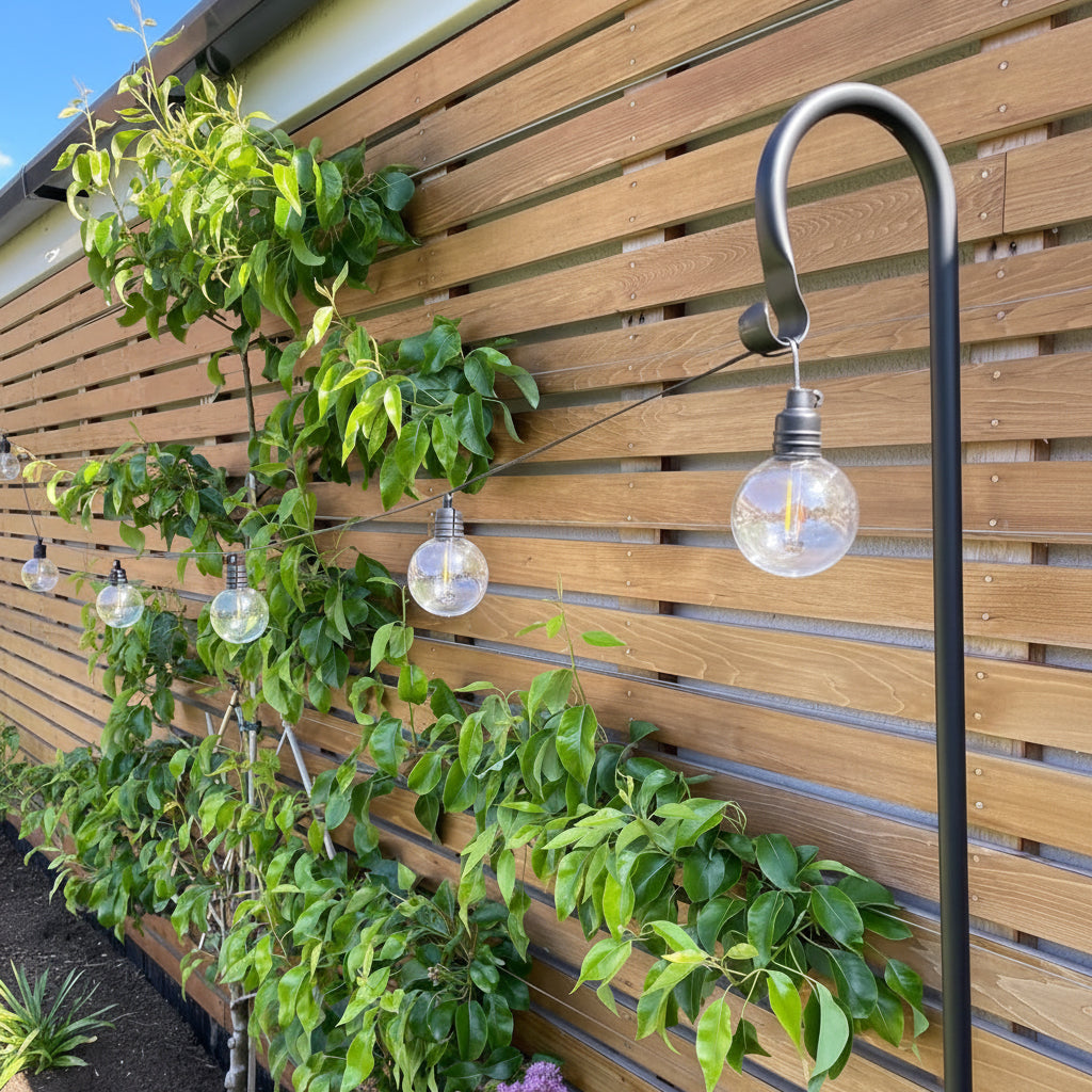 Outdoor setting with wooden wall, green plants, and hanging light bulbs.