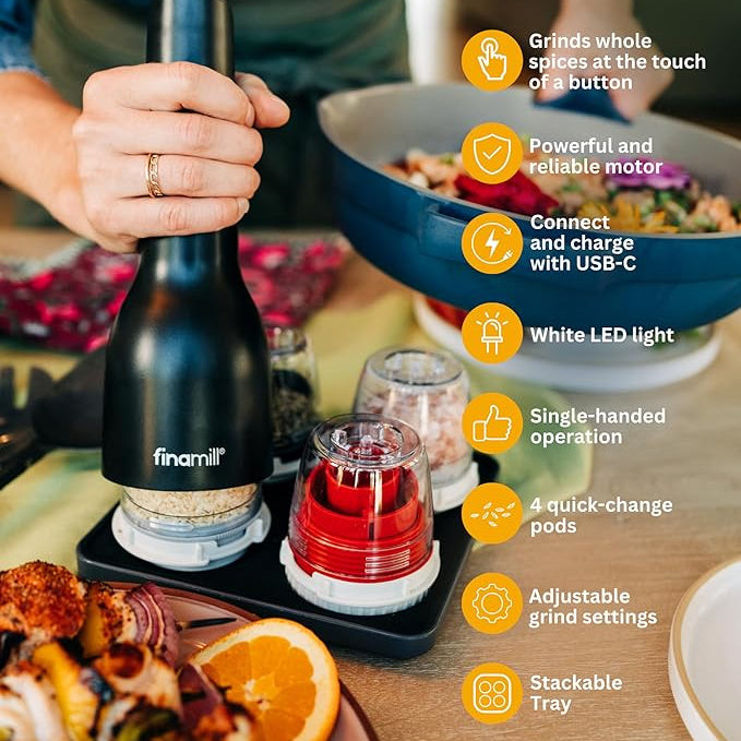 Black spice grinder with features highlighted on a table with food in the background
