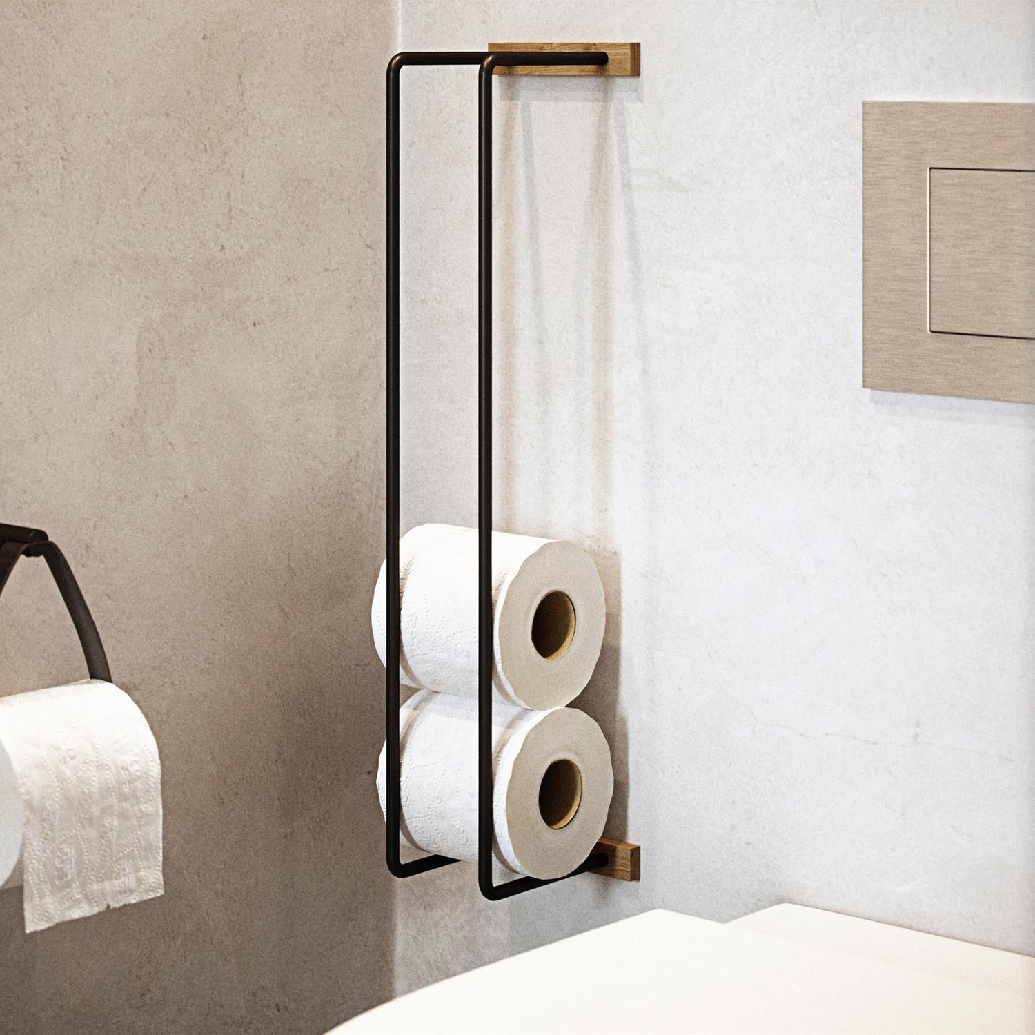 Spare Toilet Roll Holder - Oiled Oak and Metal