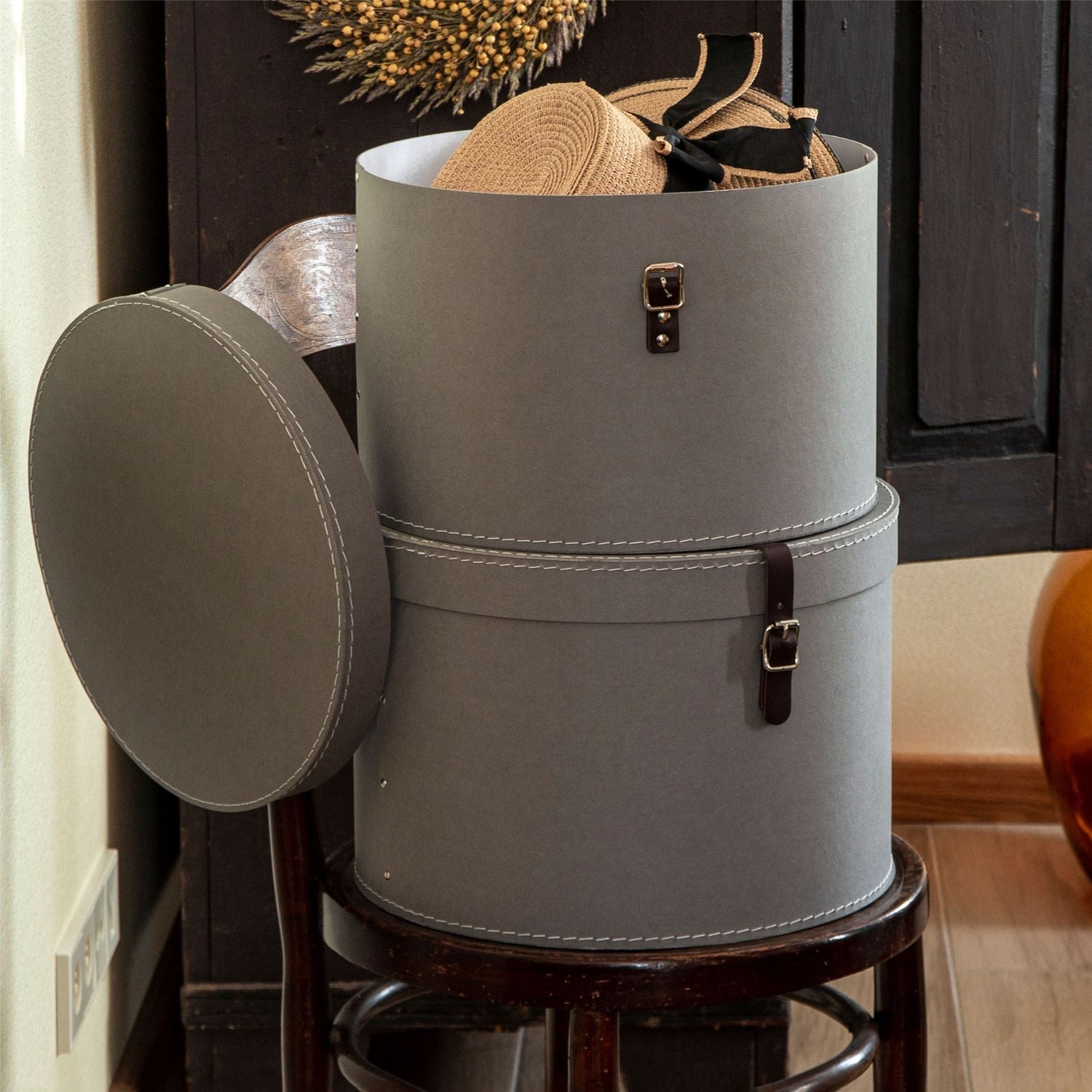 Set Of 2 Hat Boxes With Leather Strap - Rut