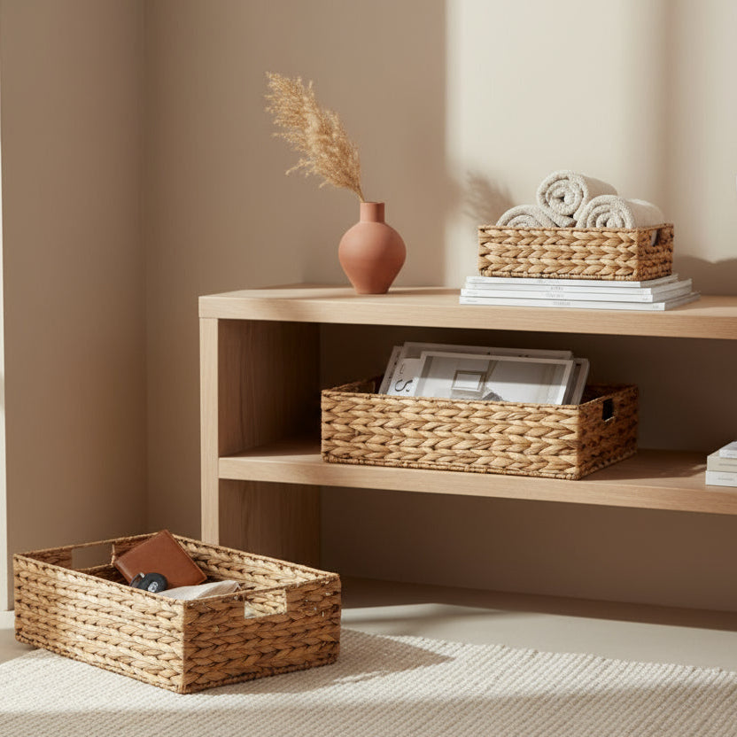 Set of three woven baskets with lids on a white background