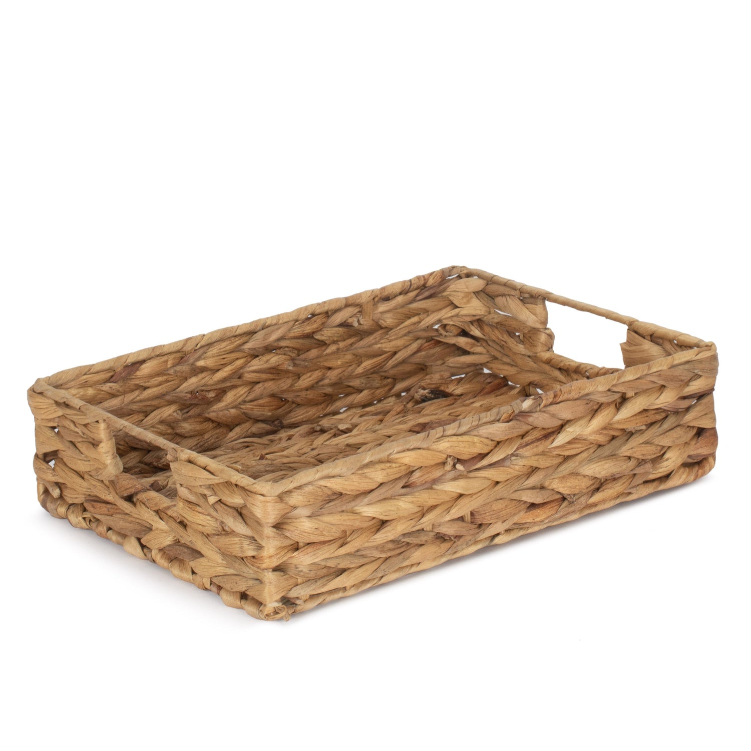 Woven rectangular tray on a white background
