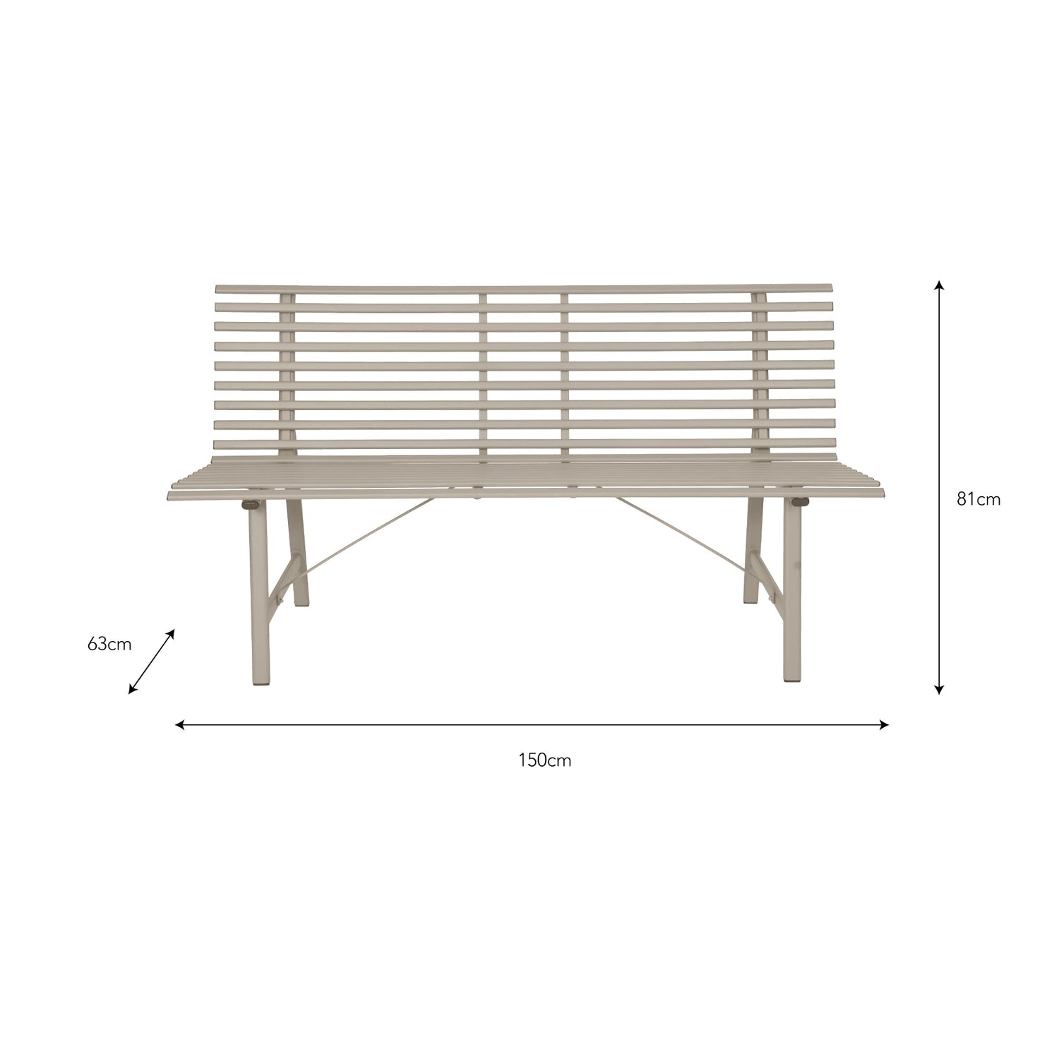 Beige outdoor bench with dimensions on a white background