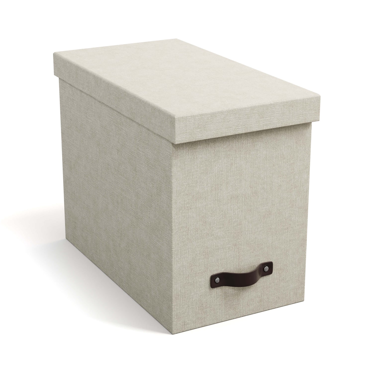 Beige storage box with a lid and handle on a white background