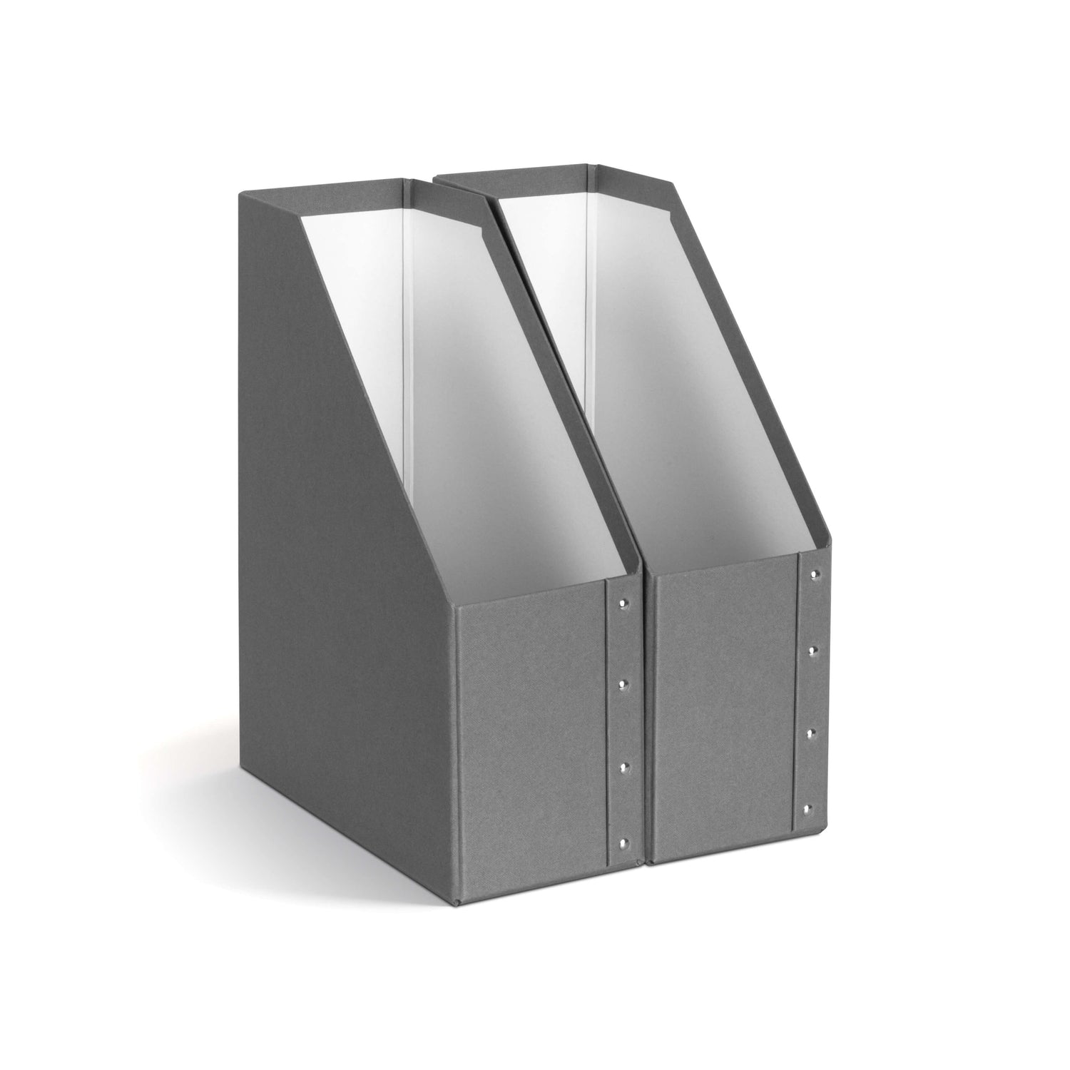 Gray magazine holder with clear acrylic front on a white background