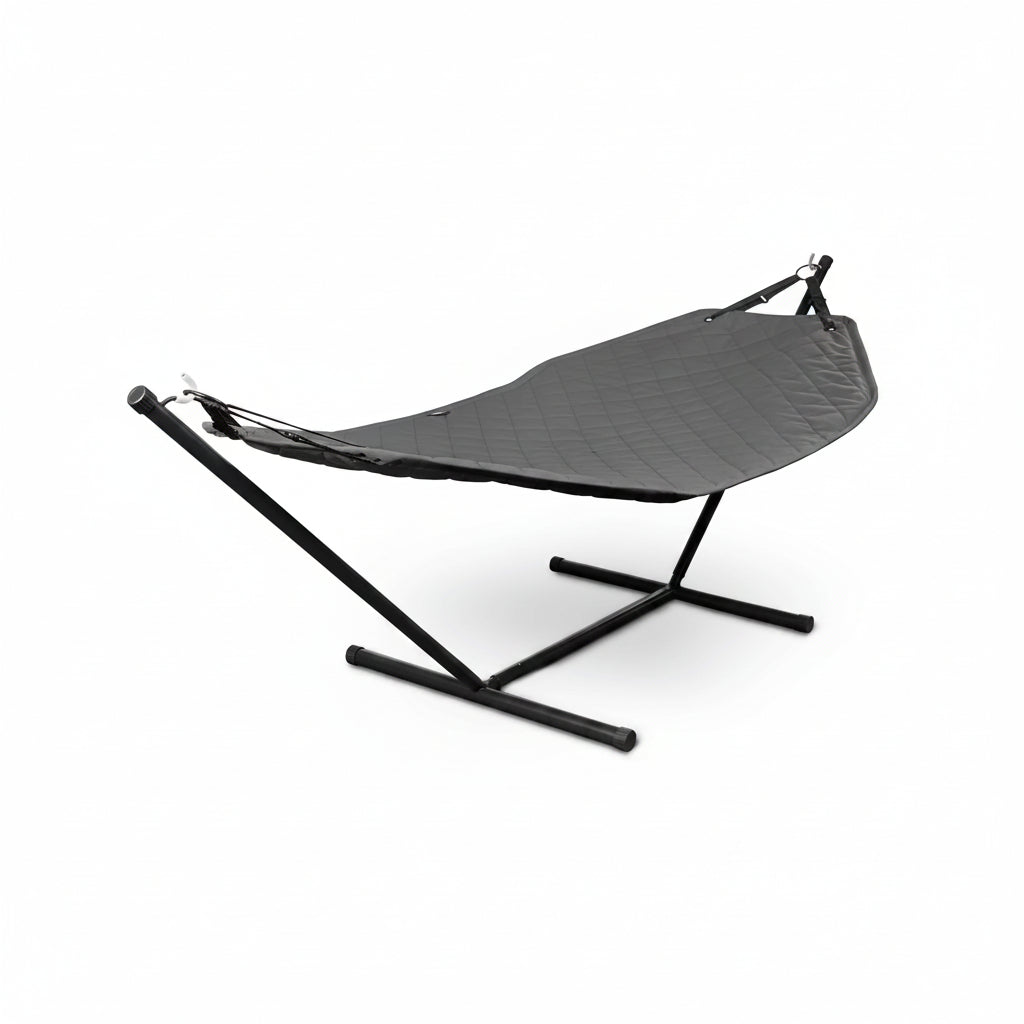A black hammock with a quilted sling fabric and a matching black metal A-frame stand, shown against a plain white background.