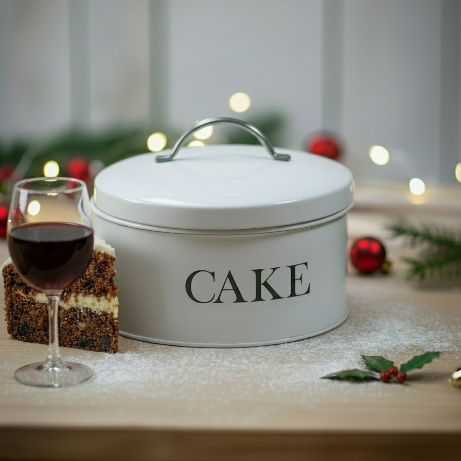 White cake storage tin with 'CAKE' text on a wooden surface