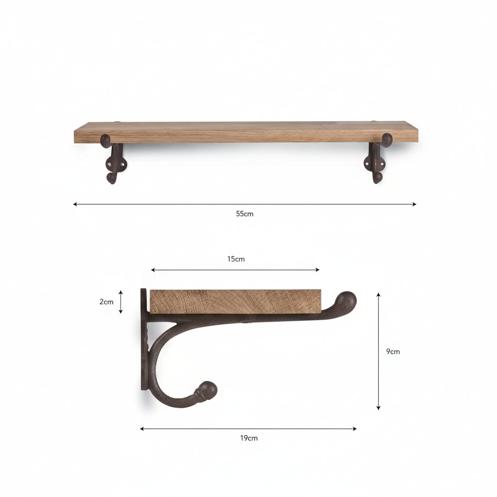 Wooden shelf with metal brackets and dimensions on a white background