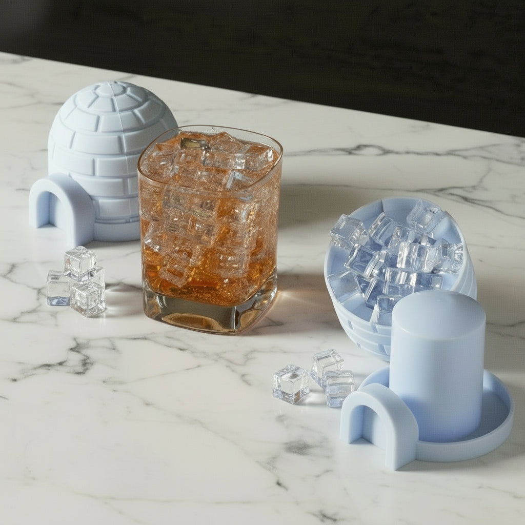 Silicone ice cube molds on a wooden board with a glass of cocktail.
