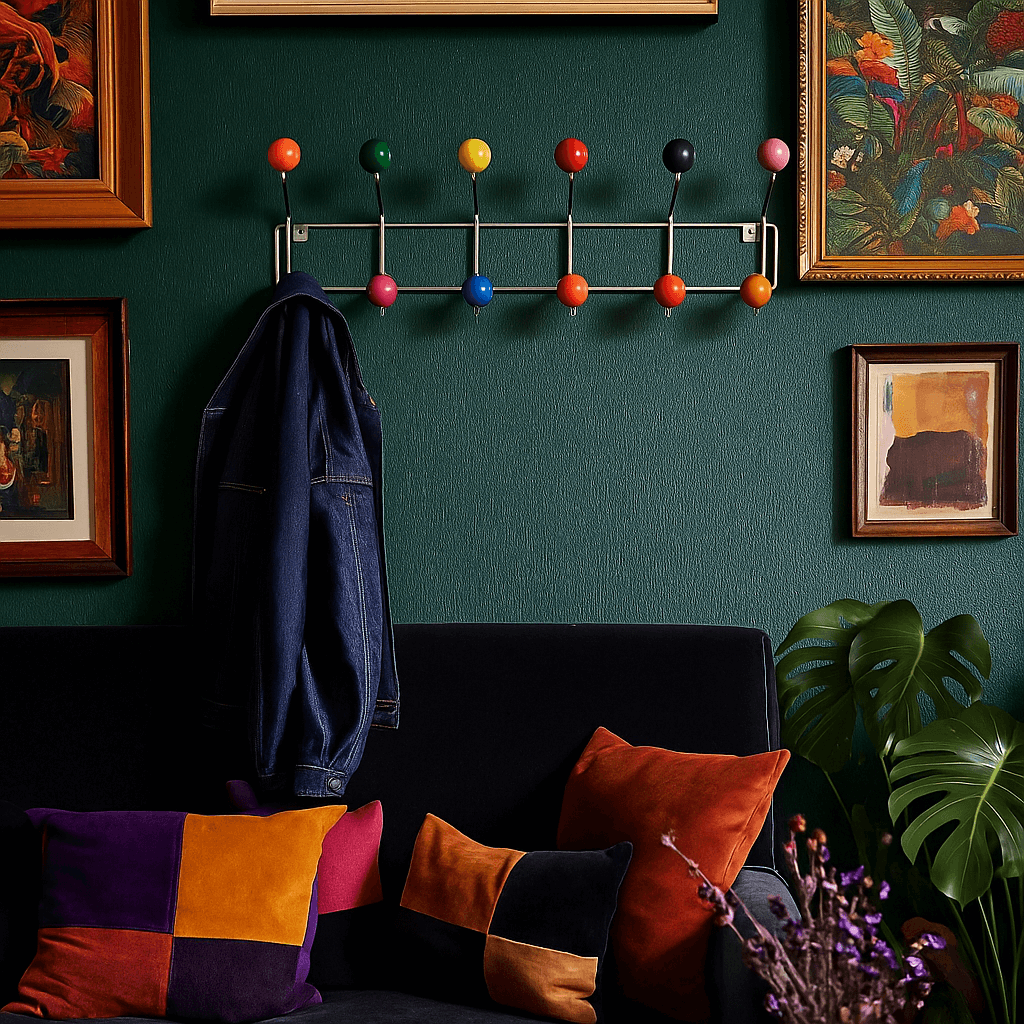 Colorful coat rack on a green wall with a dark sofa and colorful cushions.