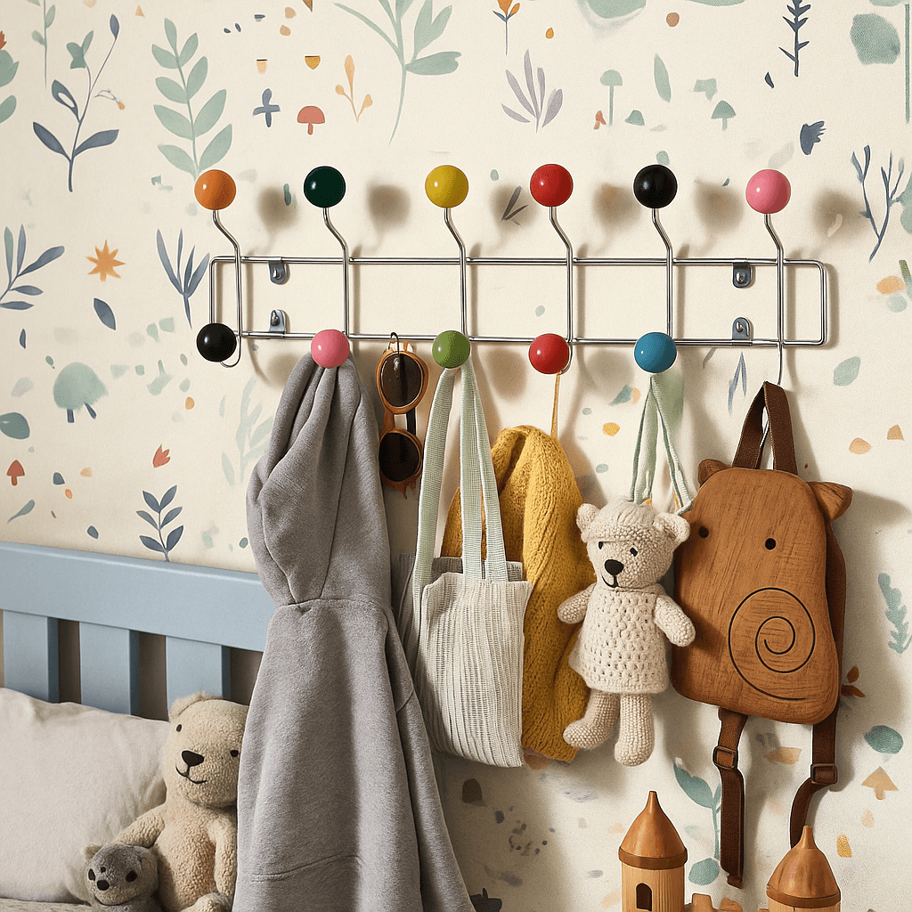 Metal coat rack with colorful hooks holding various items against a floral wallpapered wall.