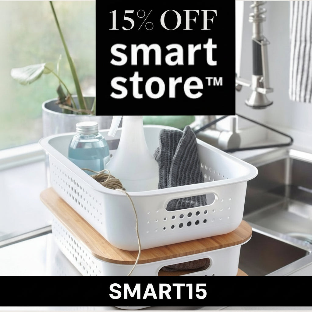 Stack of white and wooden baskets on a kitchen counter with '20% OFF smart store' text overlay.