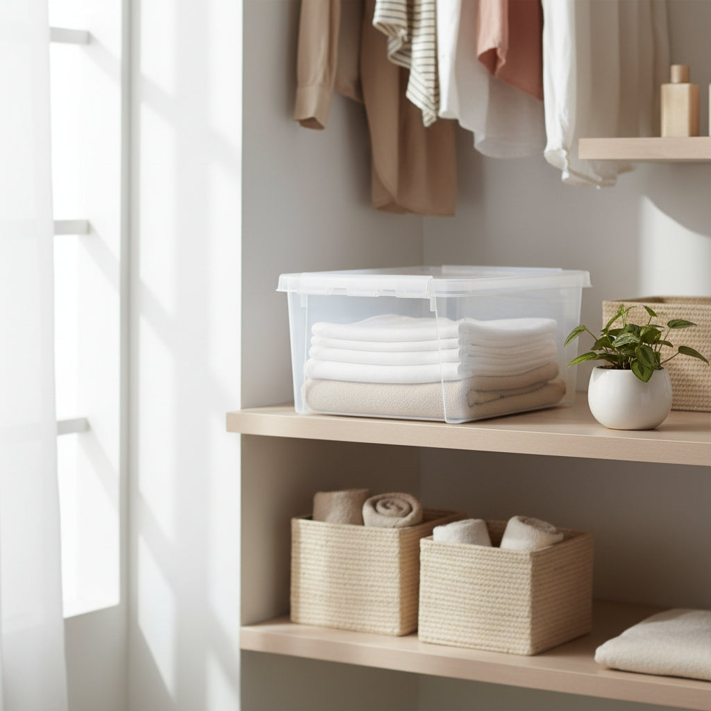 Clear plastic storage box on a white background