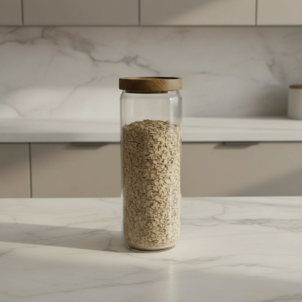Three glass jars with wooden lids containing oats, pasta, and coffee beans on a kitchen counter.