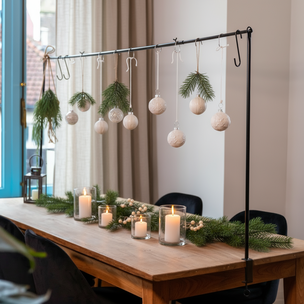 Dining table set with candles, greenery, and hanging ornaments in a room with a window and curtain.