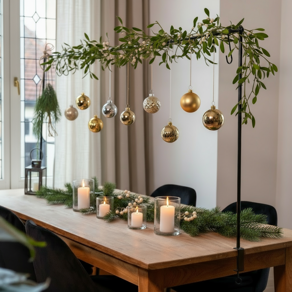 Dining table set with candles, greenery, and hanging ornaments in a room with a window and curtain.