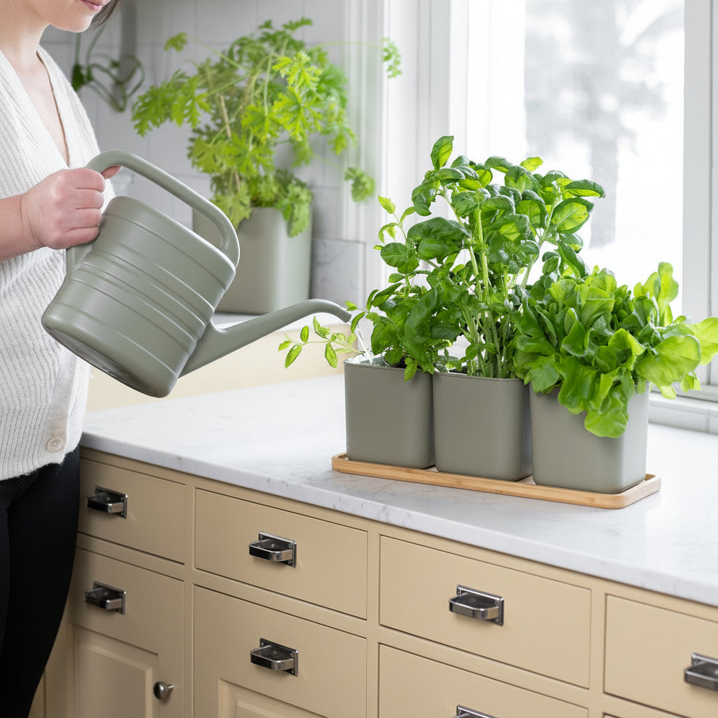 Person watering a set of potted plants on a kitchen counter.
